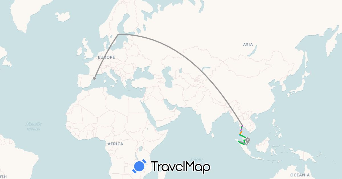 TravelMap itinerary: driving, bus, plane, train, boat, hitchhiking in Spain, Indonesia, Malaysia, Sweden, Singapore, Thailand (Asia, Europe)